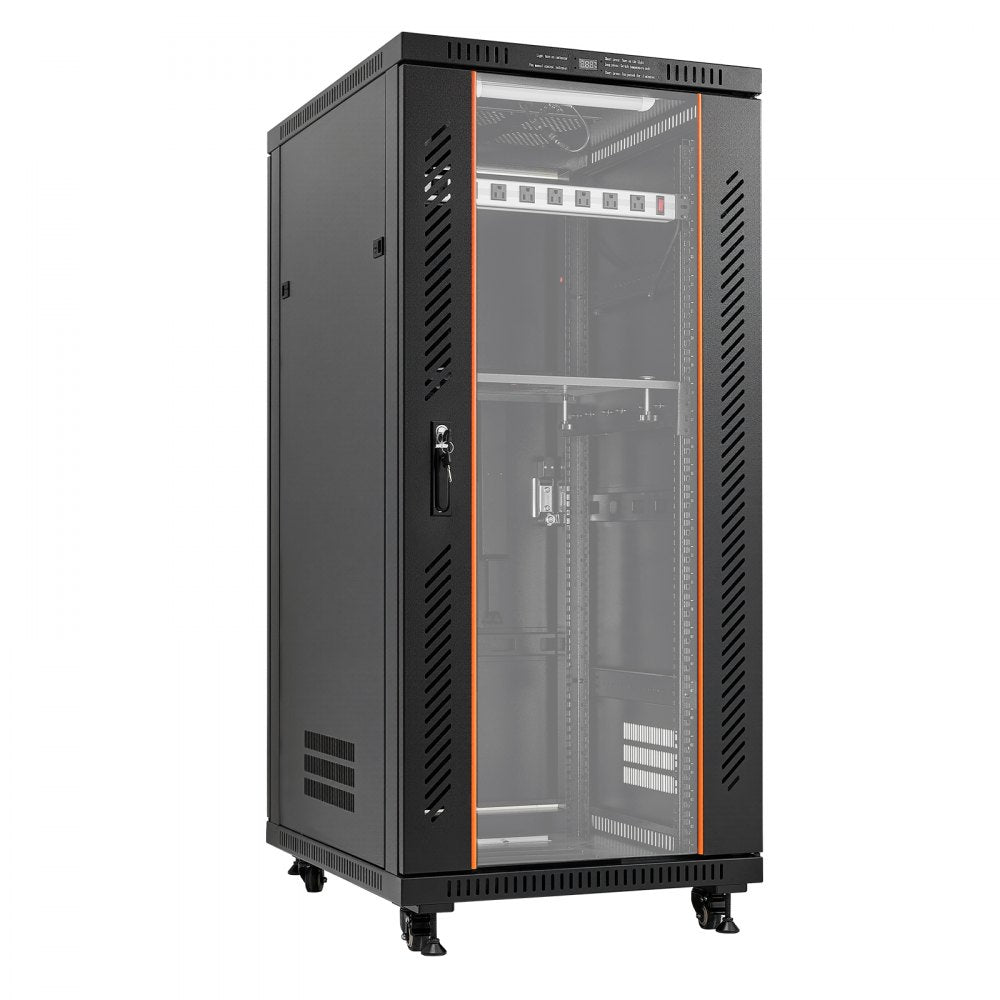 VEVOR 27U Network Cabinet Server Rack, Built-In PDU, 4 Fans, LED Light, for 19" IT Equipment A/V Devices, 23.6" Depth (18" Installation), 1800lbs Max, Lockable Door with Casters Temperature Display