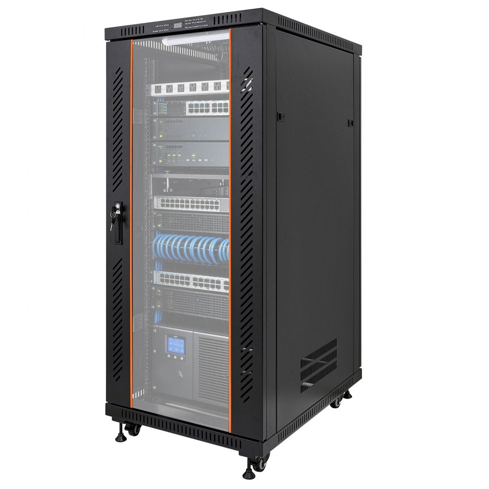 VEVOR 27U Network Cabinet Server Rack, Built-In PDU, 4 Fans, LED Light, for 19" IT Equipment A/V Devices, 23.6" Depth (18" Installation), 1800lbs Max, Lockable Door with Casters Temperature Display
