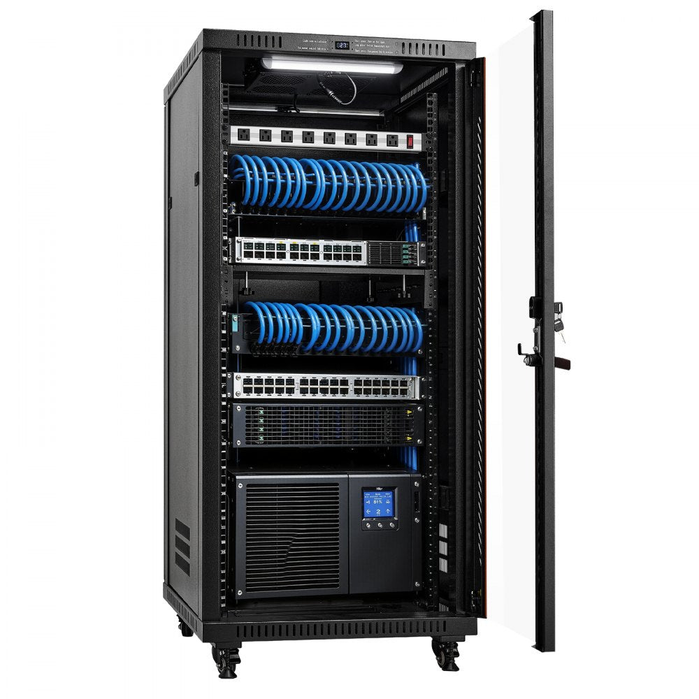 VEVOR 27U Network Cabinet Server Rack, Built-In PDU, 4 Fans, LED Light, for 19" IT Equipment A/V Devices, 23.6" Depth (18" Installation), 1800lbs Max, Lockable Door with Casters Temperature Display