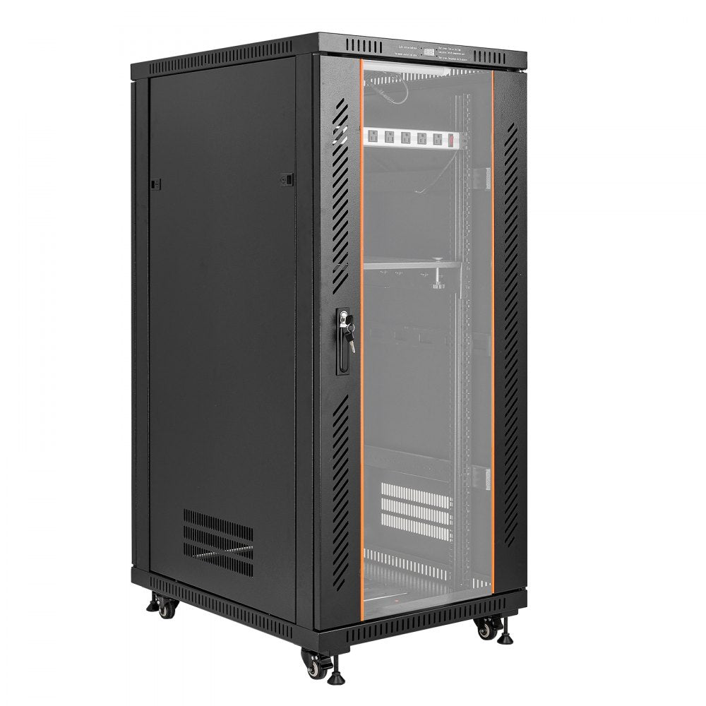 VEVOR 27U Network Cabinet Server Rack, Built-In PDU, 4 Fans, LED Light, for 19" IT Equipment A/V Devices, 23.6" Depth (18" Installation), 1800lbs Max, Lockable Door with Casters Temperature Display