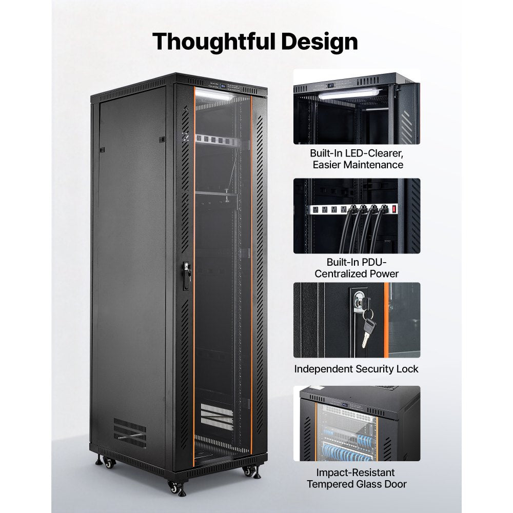 VEVOR 42U Network Cabinet Server Rack, Built-In PDU, 4 Fans, LED Light, for 19" IT Equipment A/V Devices, 23.6" Depth (18" Installation), 1800lbs Max, Lockable Door with Casters Temperature Display