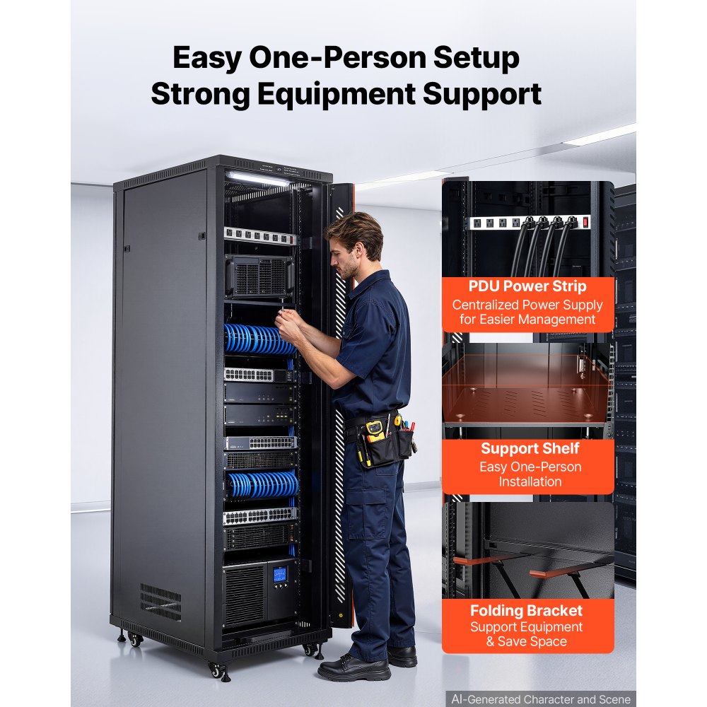 VEVOR 42U Network Cabinet Server Rack, Built-In PDU, 4 Fans, LED Light, for 19" IT Equipment A/V Devices, 23.6" Depth (18" Installation), 1800lbs Max, Lockable Door with Casters Temperature Display