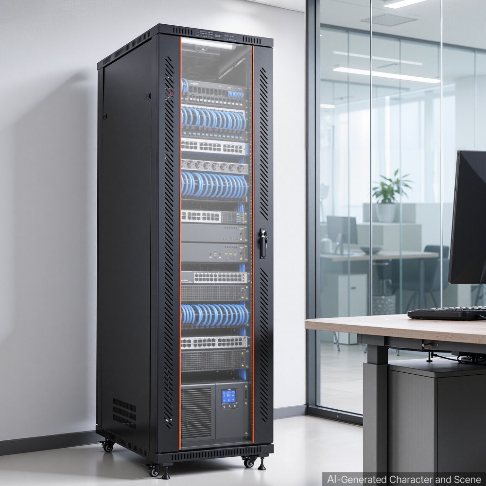 VEVOR 42U Network Cabinet Server Rack, Built-In PDU, 4 Fans, LED Light, for 19" IT Equipment A/V Devices, 23.6" Depth (18" Installation), 1800lbs Max, Lockable Door with Casters Temperature Display