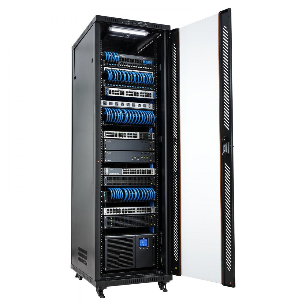 VEVOR 42U Network Cabinet Server Rack, Built-In PDU, 4 Fans, LED Light, for 19" IT Equipment A/V Devices, 23.6" Depth (18" Installation), 1800lbs Max, Lockable Door with Casters Temperature Display