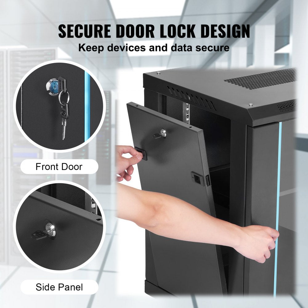 VEVOR 9U Wall-Mounted Server Network Cabinet, 15.5'' Depth, Secure Rack Enclosure, Supports up to 200 lbs, Features Lockable Glass Door and Side Panels, Ideal for IT and A/V Gear