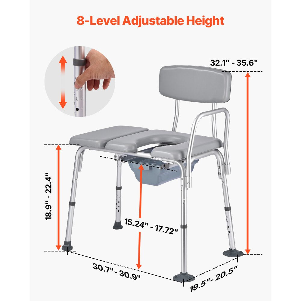 VEVOR Bedside Commode Chair, 500 lbs Weight Capacity, 4-in-1 Portable Toilet and Raised Toilet Seat with Padded Seat and Backrest, Detachable 5L Bucket, Adjustable Height Adult Potty Chair for Seniors