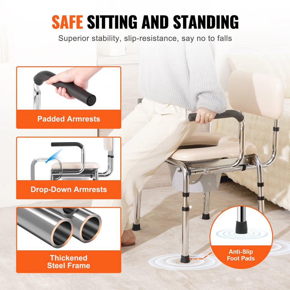 VEVOR Commode Chair, Bedside Commode with Padded Seat, Drop-Down Arms, 7-Level Adjustable Height, 5.8L Removable Bucket, Easy to Assemble, 350LBS Capacity, Portable Toilet for Adults Seniors