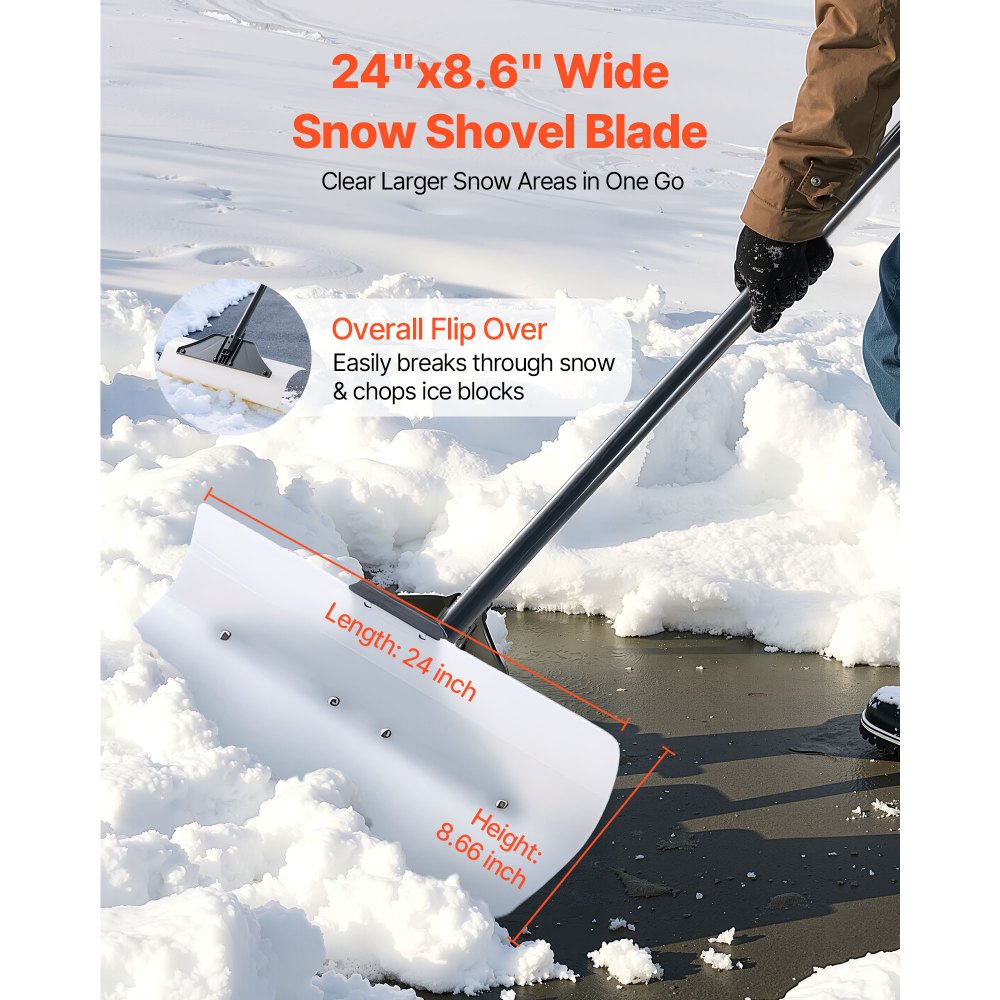 VEVOR Snow Pusher Shovel, 24 in Wide Outdoor Snowplow Shovel with Ergonomic Grip, HDPE Plastic Blade, Winter Shovels with Segmented Handle, Portable Snow Removal Tool for Driveway Garden Camping