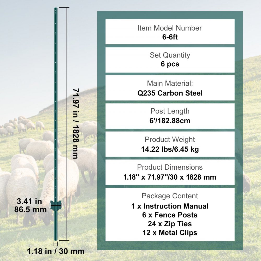 VEVOR 6 Feet Fence Post, 6 Pack U-Channel Heavy Duty Metal Fence Posts, Sturdy Steel Fence Stakes for Garden Yard, Lawn, Farms and Outdoor Wire Fencing, Green