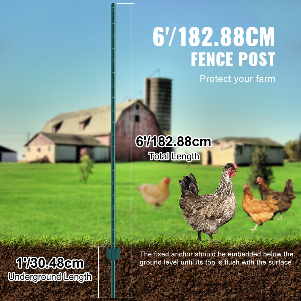 VEVOR 6 Feet Fence Post, 10 Pack U-Channel Heavy Duty Metal Fence Posts, Sturdy Steel Fence Stakes for Garden Yard, Lawn, Farms and Outdoor Wire Fencing, Green