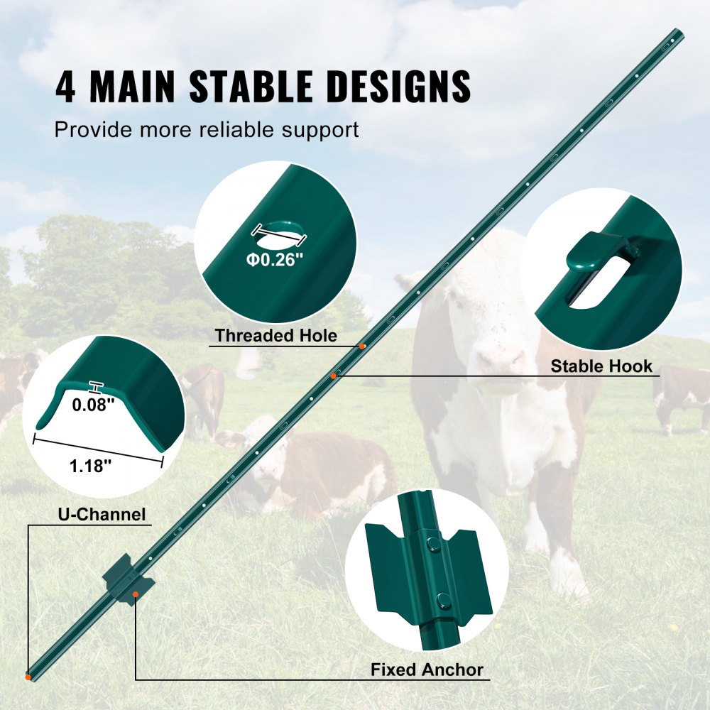 VEVOR 6 Feet Fence Post, 10 Pack U-Channel Heavy Duty Metal Fence Posts, Sturdy Steel Fence Stakes for Garden Yard, Lawn, Farms and Outdoor Wire Fencing, Green