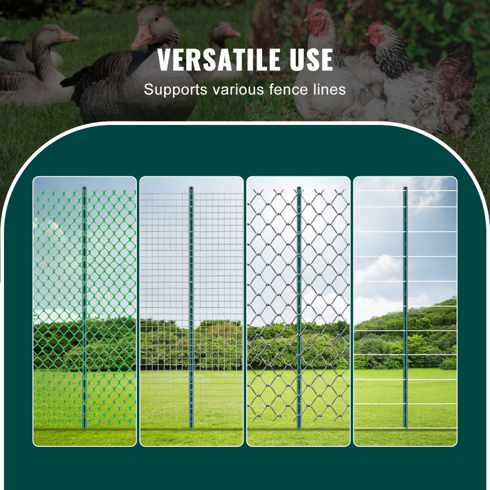 VEVOR 6 Feet Fence Post, 10 Pack U-Channel Heavy Duty Metal Fence Posts, Sturdy Steel Fence Stakes for Garden Yard, Lawn, Farms and Outdoor Wire Fencing, Green