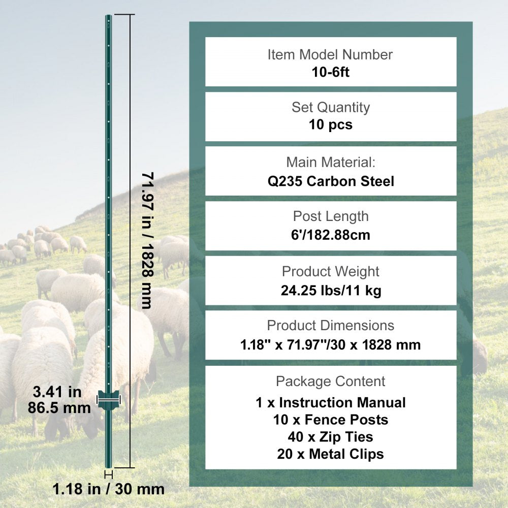 VEVOR 6 Feet Fence Post, 10 Pack U-Channel Heavy Duty Metal Fence Posts, Sturdy Steel Fence Stakes for Garden Yard, Lawn, Farms and Outdoor Wire Fencing, Green