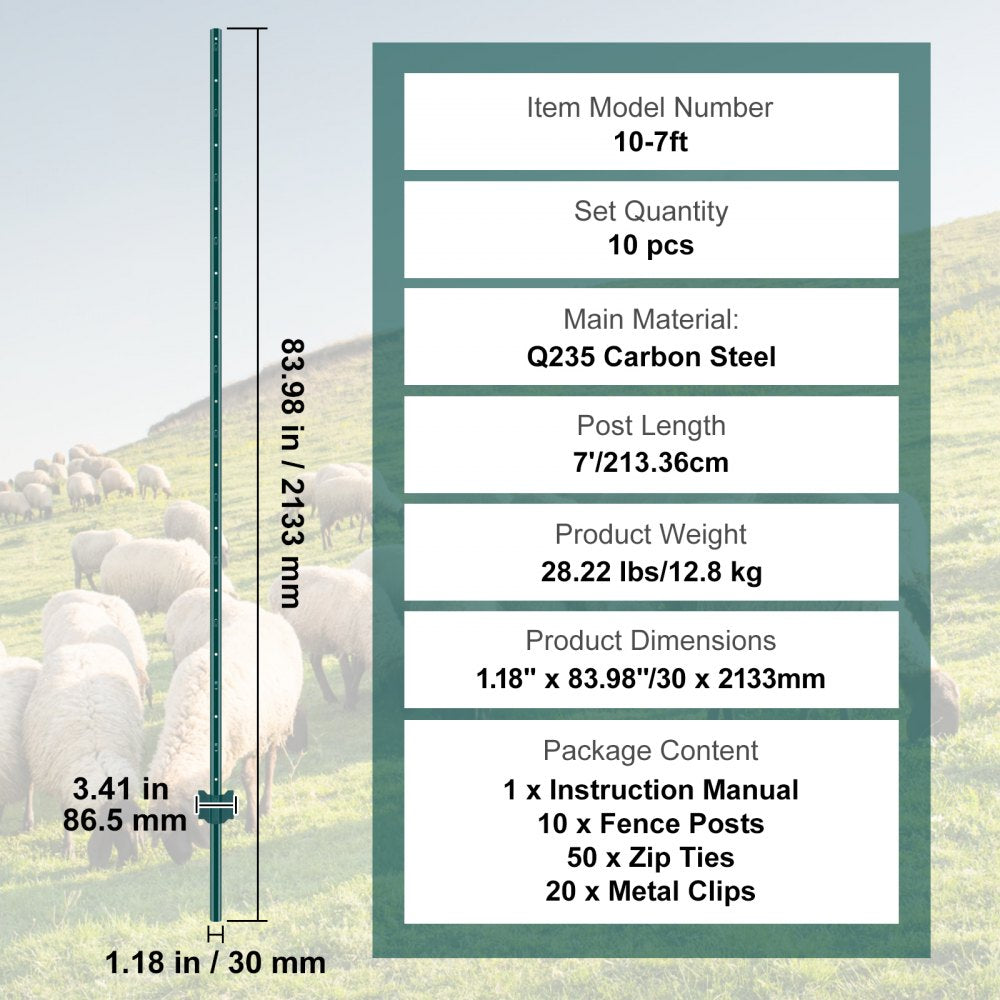 VEVOR 7 Feet Fence Post, 10 Pack U-Channel Heavy Duty Metal Fence Posts, Sturdy Steel Fence Stakes for Garden Yard, Lawn, Farms and Outdoor Wire Fencing, Green