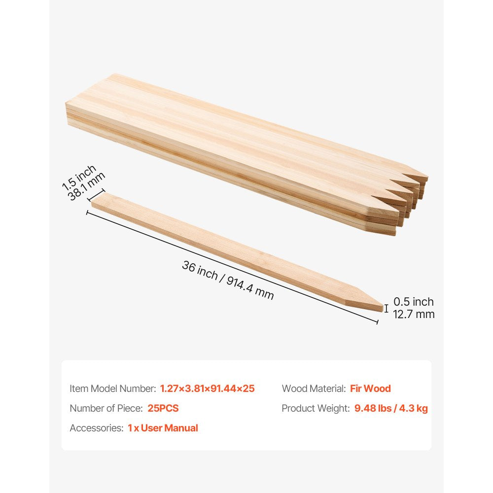 VEVOR Wooden Garden Stakes, 25 Pcs 36 x 0.5 x1.5 in Survey Grading Stakes, Garden Ground Stake with Sharp Point, Fir Wood Plant Support Stake, Sign Posts for Silt Fence Backyard Boundaries Baselines