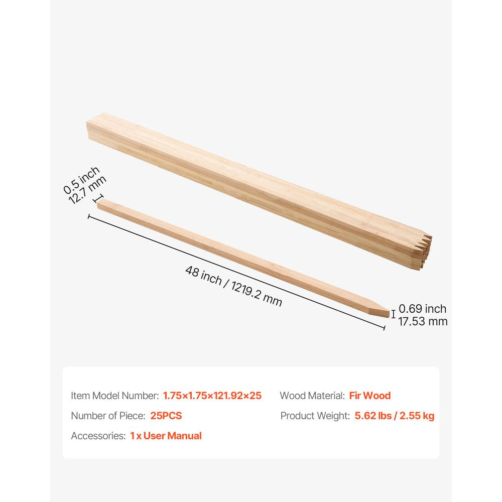VEVOR Wooden Garden Stakes, 25 Pcs 48x0.5x0.69 in Survey Grading Stakes, Garden Ground Stake with Sharp Point, Fir Wood Plant Support Stake, Sign Posts for Silt Fence Backyard Boundaries Baselines