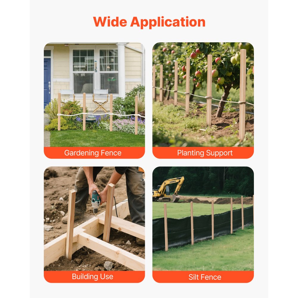 VEVOR Wooden Garden Stakes, 50 Pcs 36x0.75x0.75 in Survey Grading Stakes, Garden Ground Stake with Sharp Point, Fir Wood Plant Support Stake, Sign Posts for Silt Fence Backyard Boundaries Baselines
