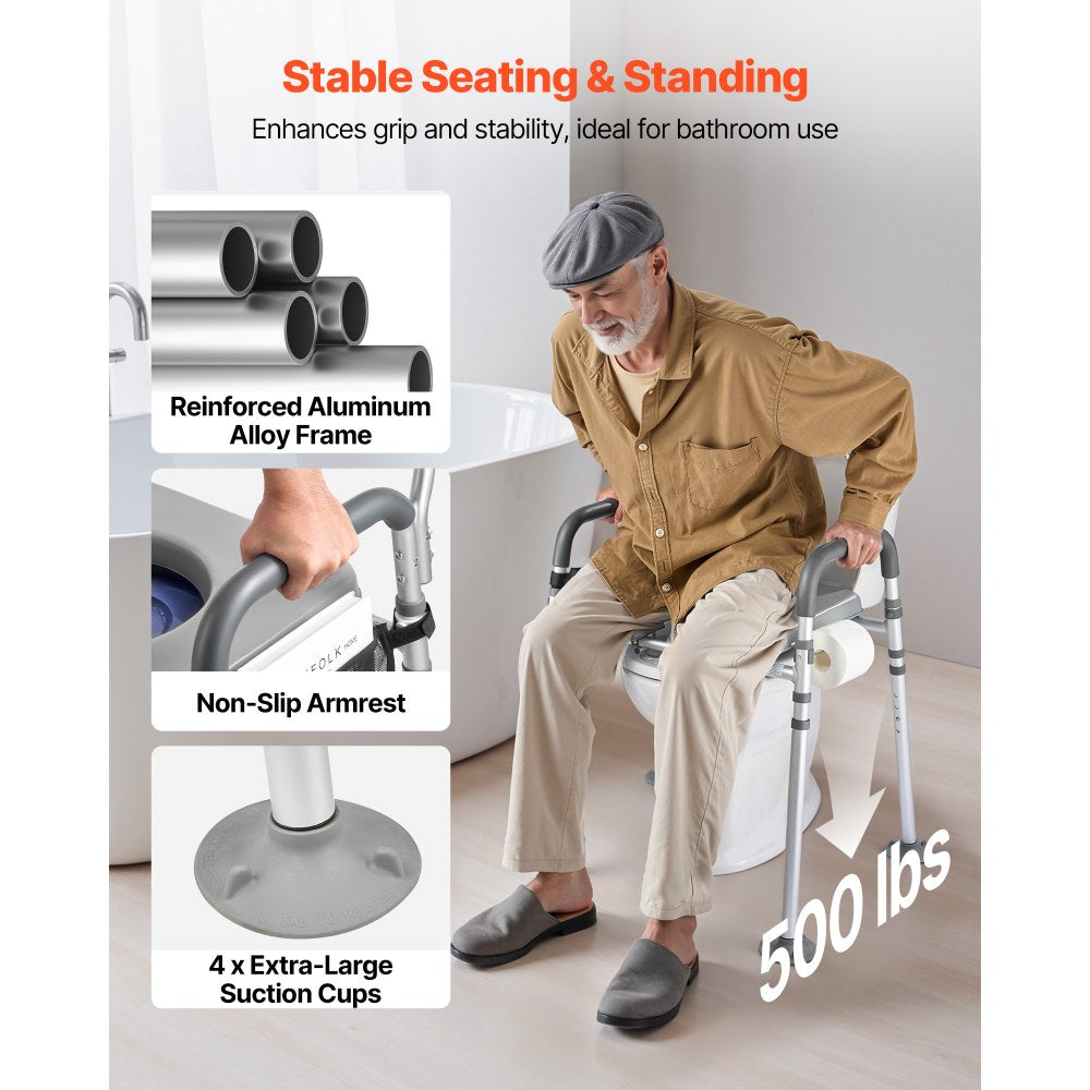 VEVOR Bedside Commode Chair, 500 lbs Capacity, 4-in-1 Portable Toilet and Raised Toilet Seat with Padded Seat & Armrest, Detachable 5L Bucket, Adjustable Height & Width Adult Potty Chair for Seniors