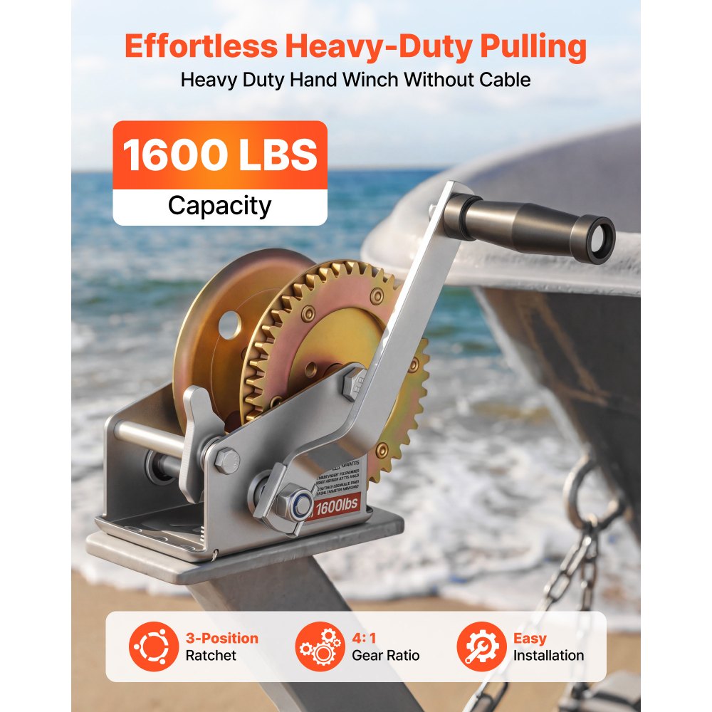 VEVOR Boat Winch, 1600 lbs Hand Winch, Heavy Duty Manual Rope Crank, Portable Two-Way Ratchet, 4: 1 Gear Ratio, Easy Installation Gear for Boat Trailer ATV Towing