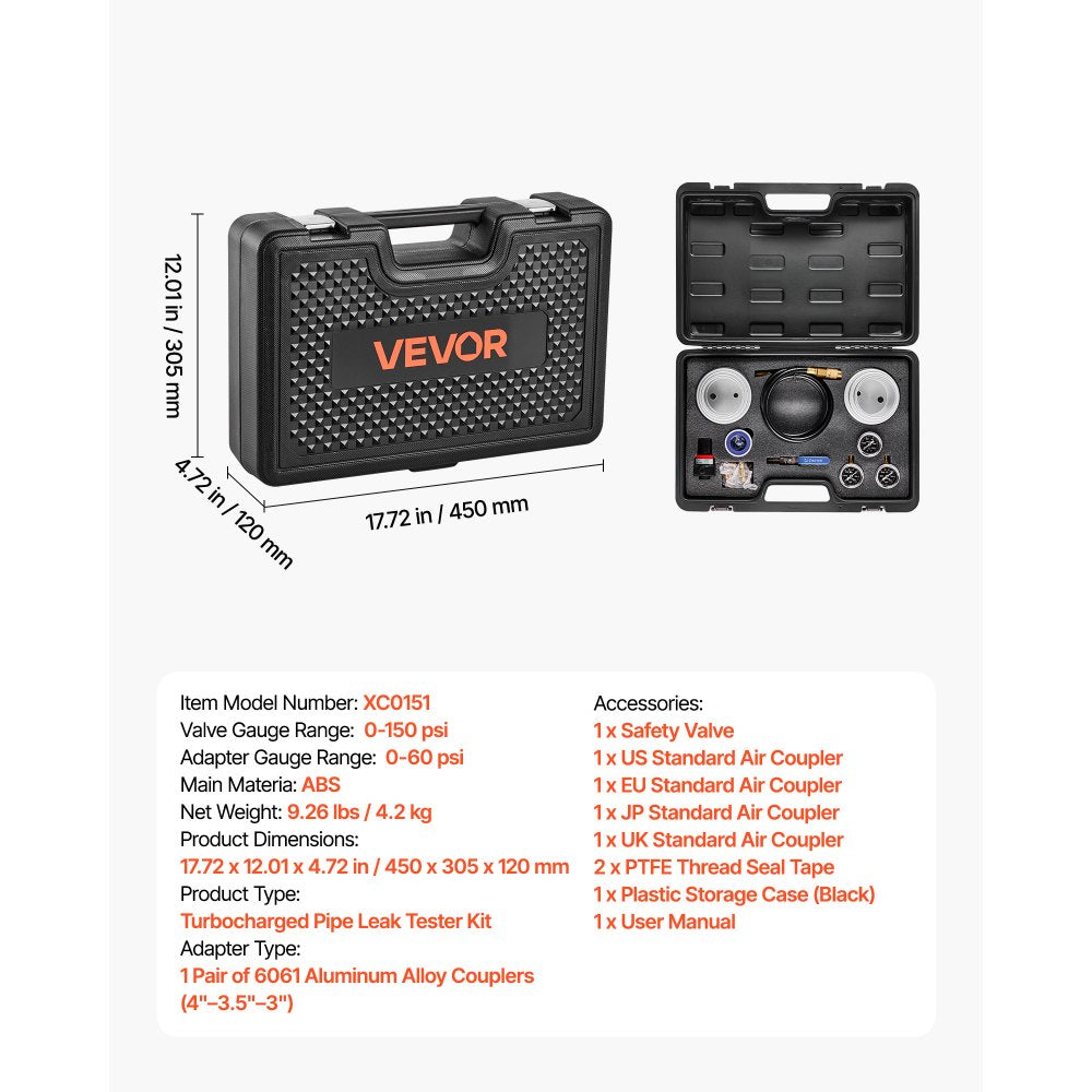 VEVOR Turbo Boost Leak Tester Kit, Compatible with 3"/3.5"/4" Pipe, 0-150 PSI Valve Gauge & 0-60 PSI Adapter Gauge, Turbo System Leakage Tester Set with 4 Pairs of Air Fittings for Diesel Trucks, SUVs