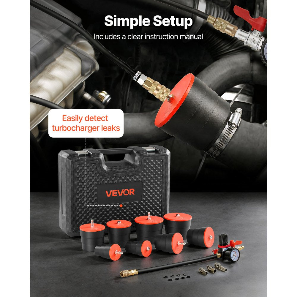 VEVOR Turbo Boost Leak Tester Kit, 0-80 PSI Valve Gauge Range, Turbo System Leakage Tester Set with 4 Pairs of Stepped Adapters 1-3/8" to 3-1/2" & Air Fittings for Intercooler and Intake Piping Test