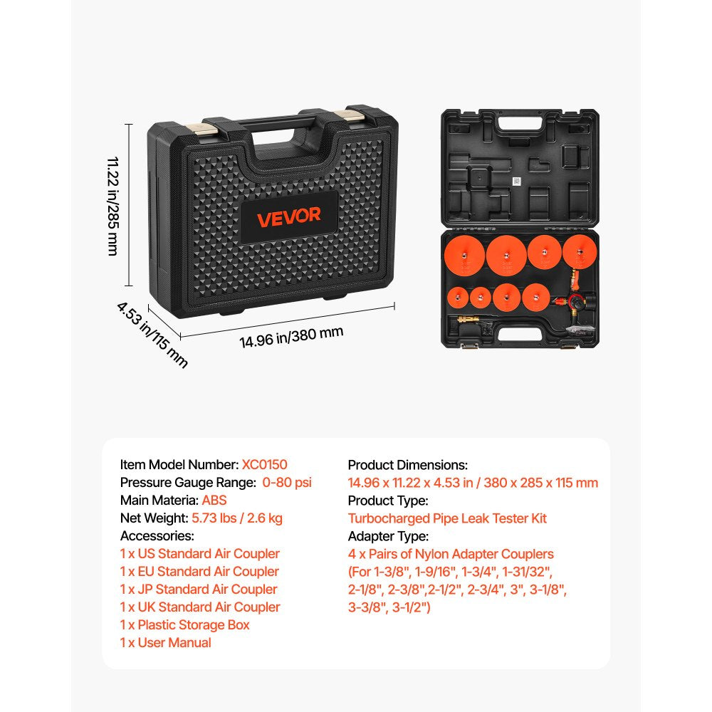 VEVOR Turbo Boost Leak Tester Kit, 0-80 PSI Valve Gauge Range, Turbo System Leakage Tester Set with 4 Pairs of Stepped Adapters 1-3/8" to 3-1/2" & Air Fittings for Intercooler and Intake Piping Test