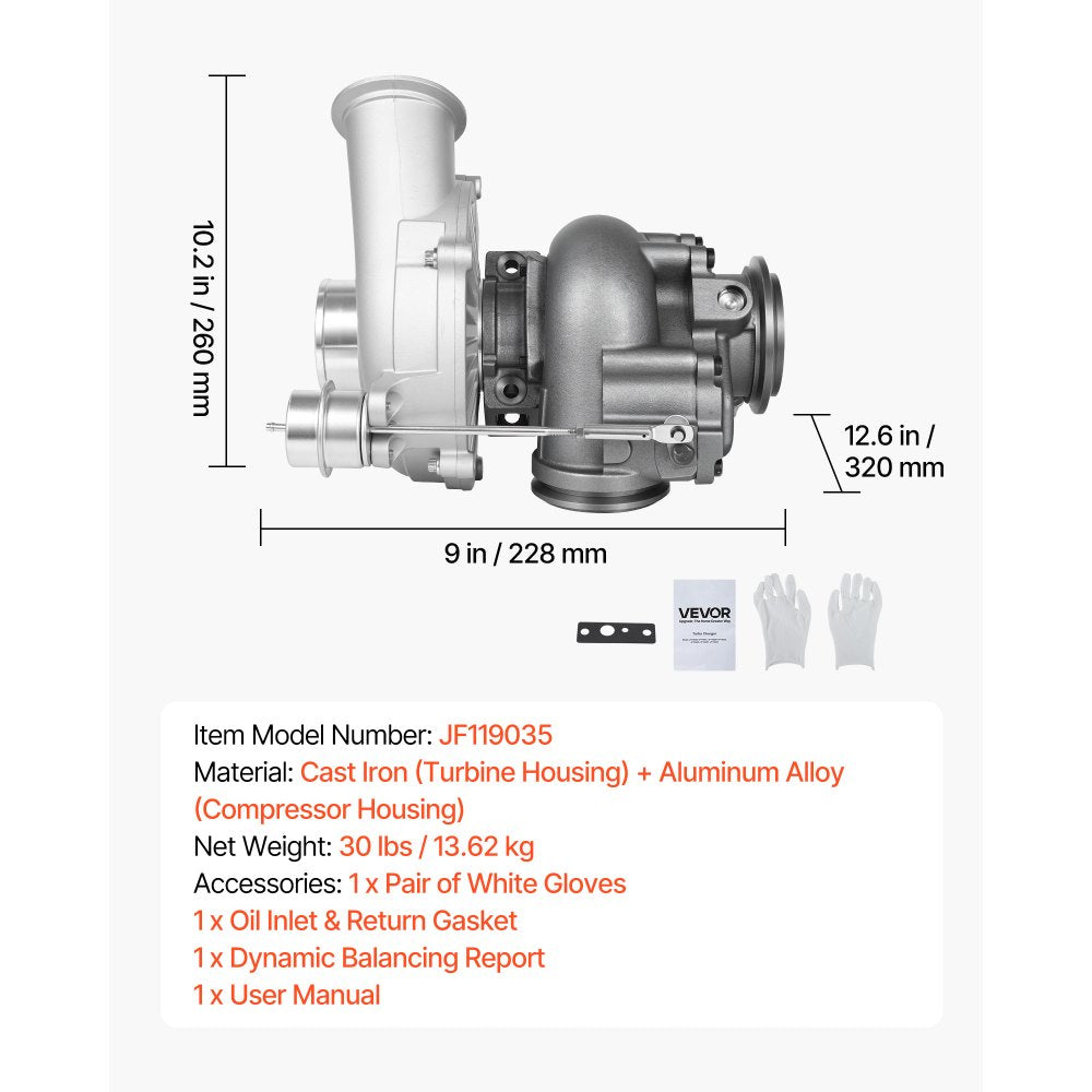 VEVOR Complete Turbo Turbocharger Kit with Wastegate Actuator, Compatible with Ford V8 7.3L Excursion 2000-2003, F-250 F-350 F-450 F-550 Super Duty 1999-2003, Replace# 1831383C92, 1831383C93