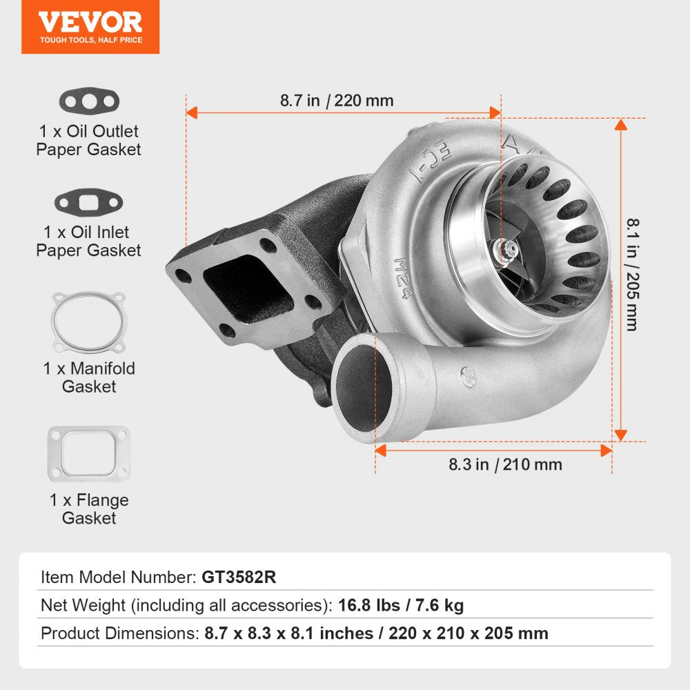 VEVOR Turbo Turbocharger with Gasket Kit, Turbo Charger Replacement for Car Engines, Compatible with 2.5L-6.0L Engine Displacements, Heat Resistance Engine Turbocharger with K418 Alloy Impeller