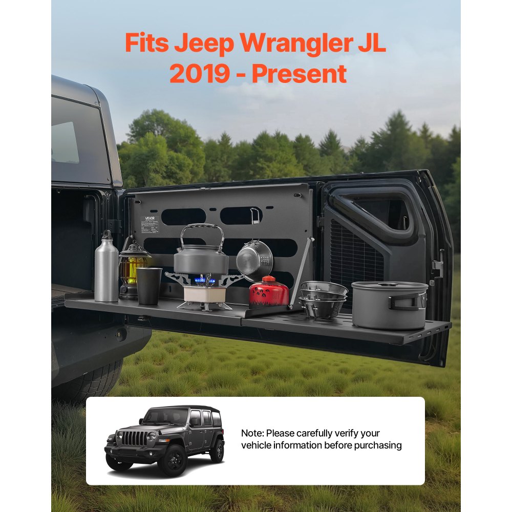 VEVOR Tailgate Table for Jeep Wrangler JL 2019 - Present , Carbon Steel Foldable Molle Panel Drop Down Table, Rear Door Cargo Storage Rack Shelf Luggage Holder Carrier Camping Accessories