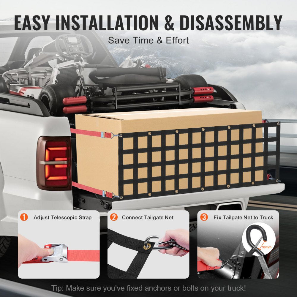 VEVOR Tailgate Net, 54 in x 18 in, Heavy Duty Cargo Net for Truck Bed with 4 Adjustable Telescopic Straps, Extendable & Durable, Flexible Adjustment, Suitable for Pickup, Trailer, Truck, Jeep, SUV