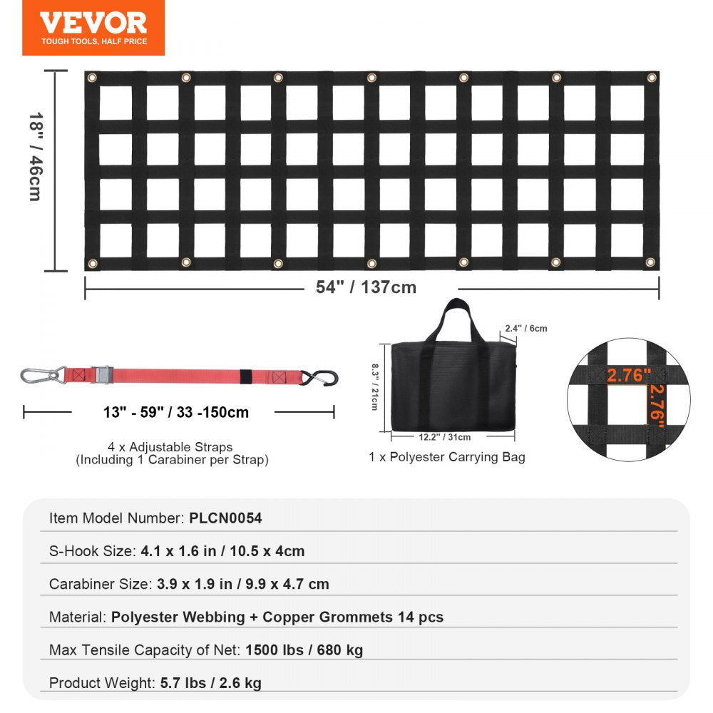 VEVOR Tailgate Net, 54 in x 18 in, Heavy Duty Cargo Net for Truck Bed with 4 Adjustable Telescopic Straps, Extendable & Durable, Flexible Adjustment, Suitable for Pickup, Trailer, Truck, Jeep, SUV