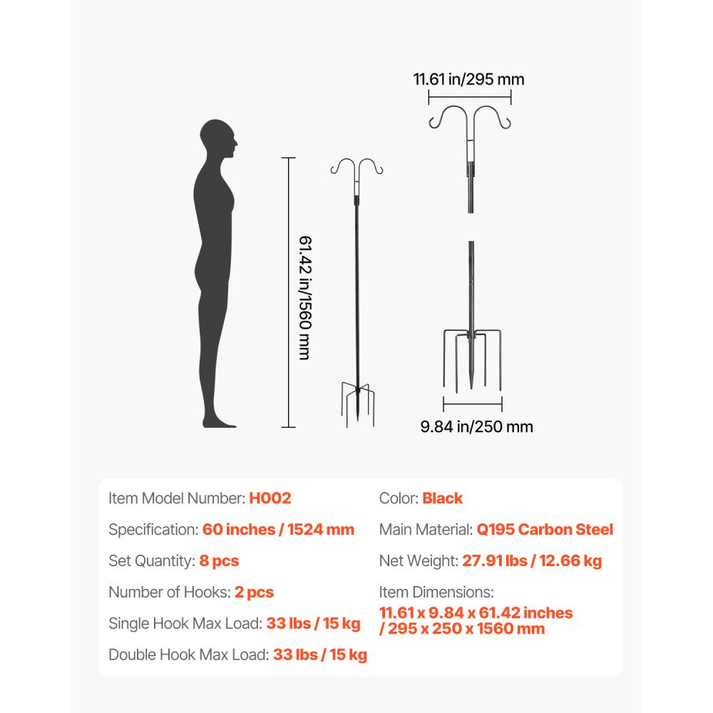 VEVOR Double Shepherds Hooks for Outdoor, 8 Pack 60 Inch Heavy Duty Bird Feeder Pole, 3/4 Inch Thick Garden Hooks for Hanging Hummingbird Feeder, Plant Baskets, Solar Light Lanterns,Wind Chimes