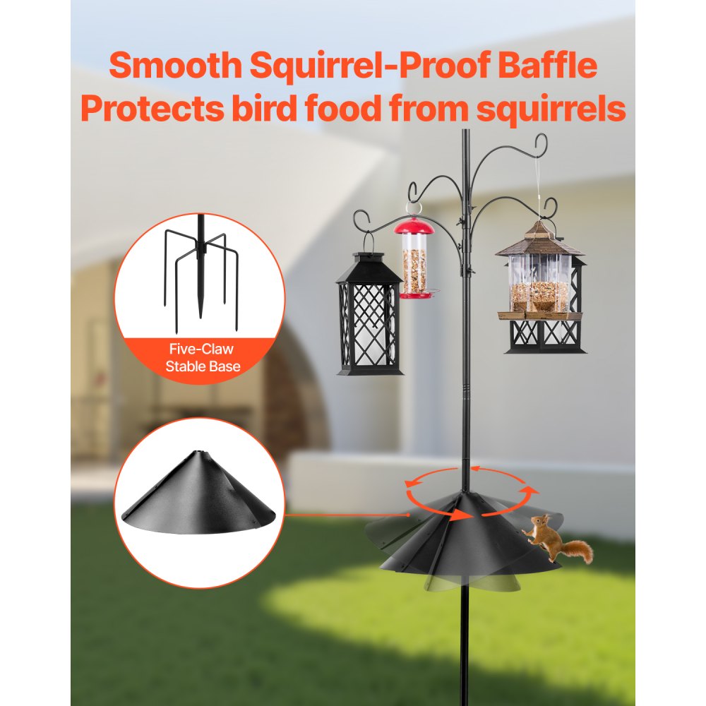 VEVOR 4-Hook Wild Bird Feeder Stand Pole, 92 Inch Bird Feeding Station Kit, 31/32 inch Diameter Bird House Hanging Hooks with Squirrel Guard Baffle, Heavy Duty Multi-Feeder Stand Easy to Install