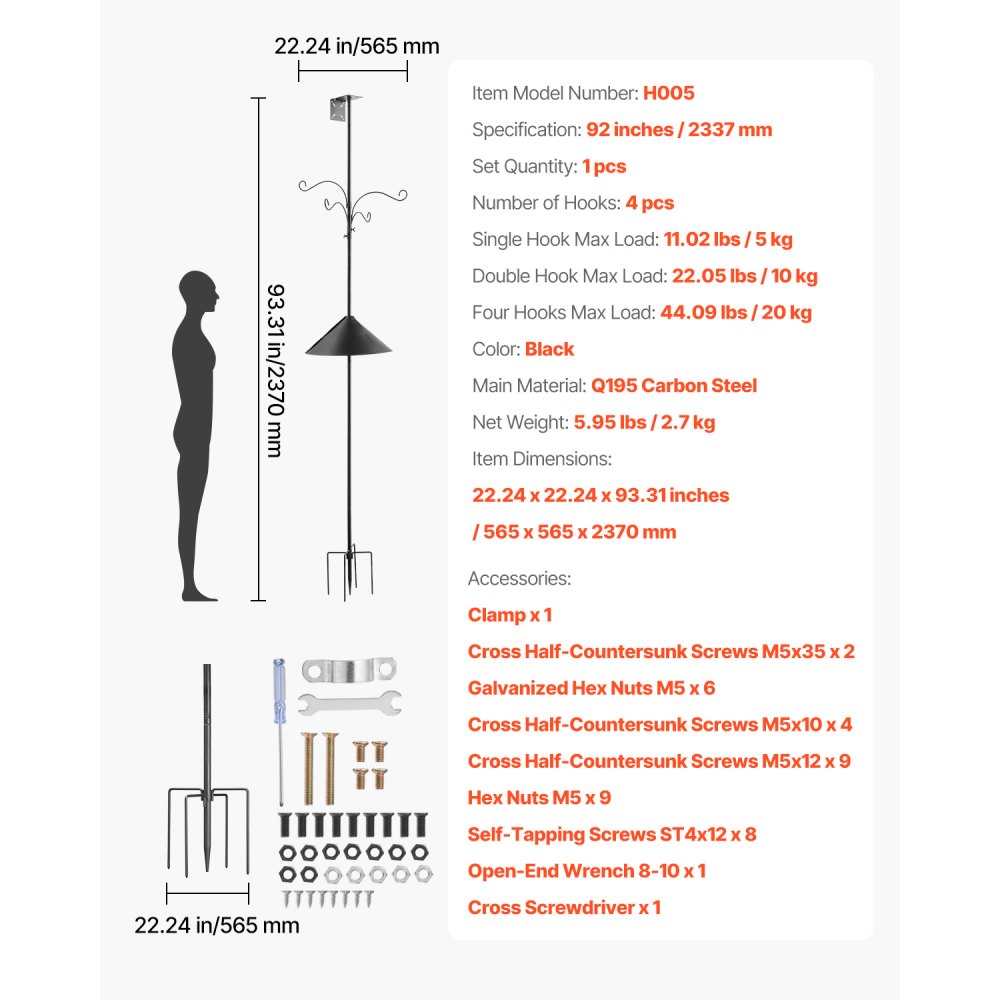 VEVOR 4-Hook Wild Bird Feeder Stand Pole, 92 Inch Bird Feeding Station Kit, 31/32 inch Diameter Bird House Hanging Hooks with Squirrel Guard Baffle, Heavy Duty Multi-Feeder Stand Easy to Install