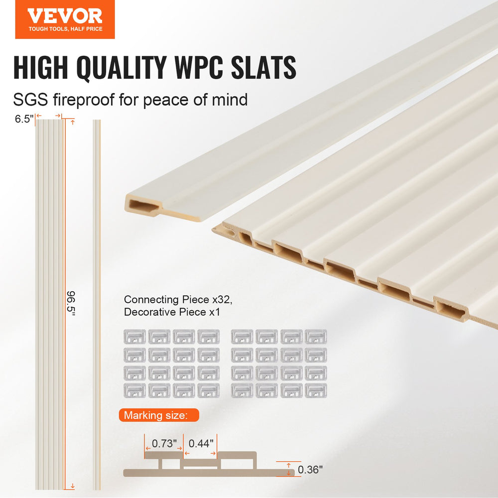 VEVOR high quality WPC slats infographic with dimensions and included connectors