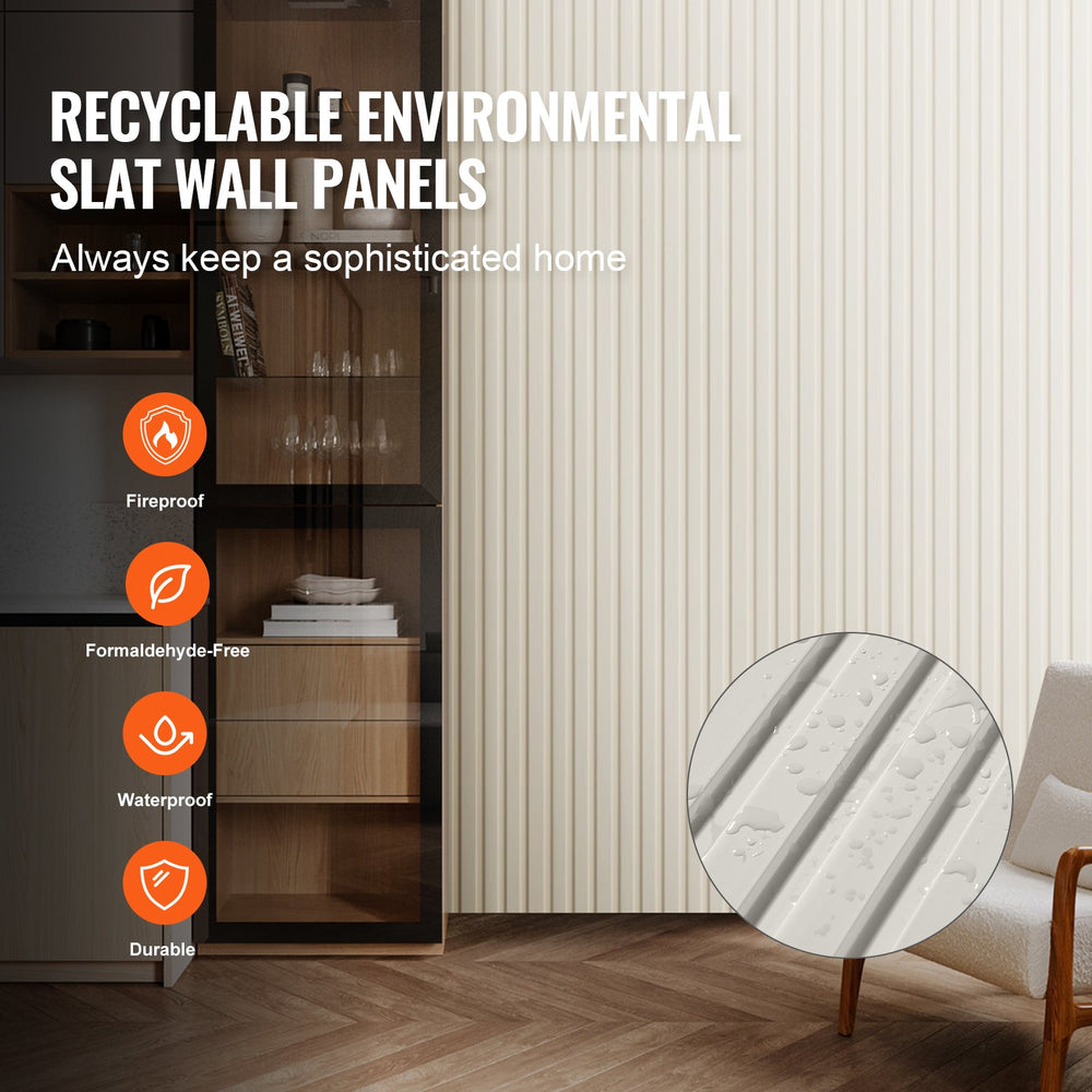 Recyclable environmental slat wall panels infographic (fireproof, formaldehyde-free, waterproof, durable)