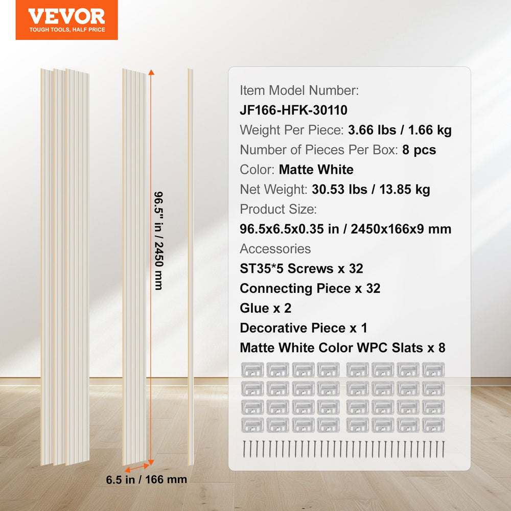 Item model and package accessories infographic (model, size, weights, included hardware)