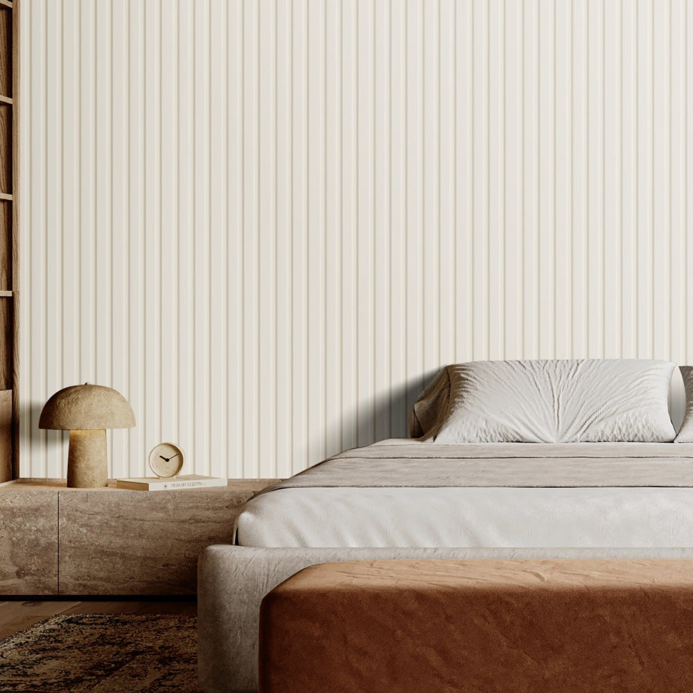 Bedroom wall application image (Matte White slat wall look)