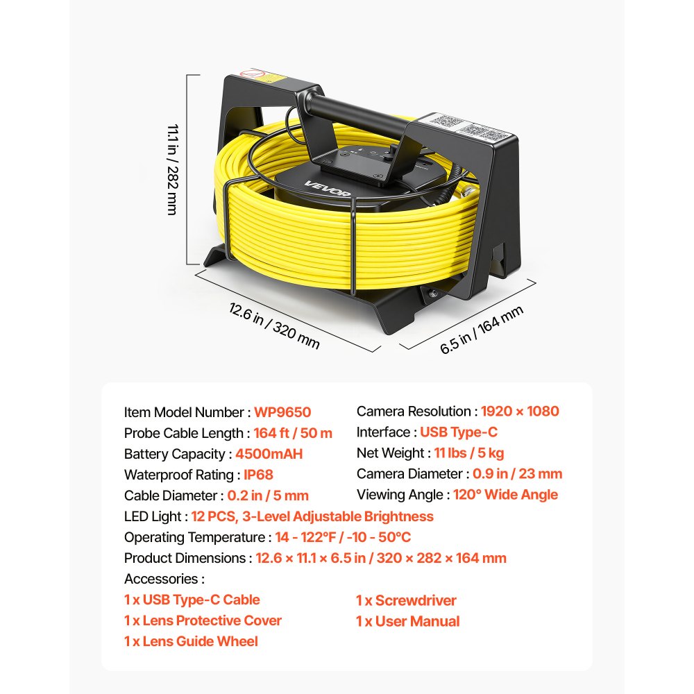VEVOR 2026 Upgraded Sewer Camera with WiFi, 164ft/50m Drain Pipeline Camera, IP68 Snake Plumbing Cameras with Light - 12 LEDS, Wireless WiFi Connectivity to Phone/Tablet for Sewer Duct Pipe Inspection