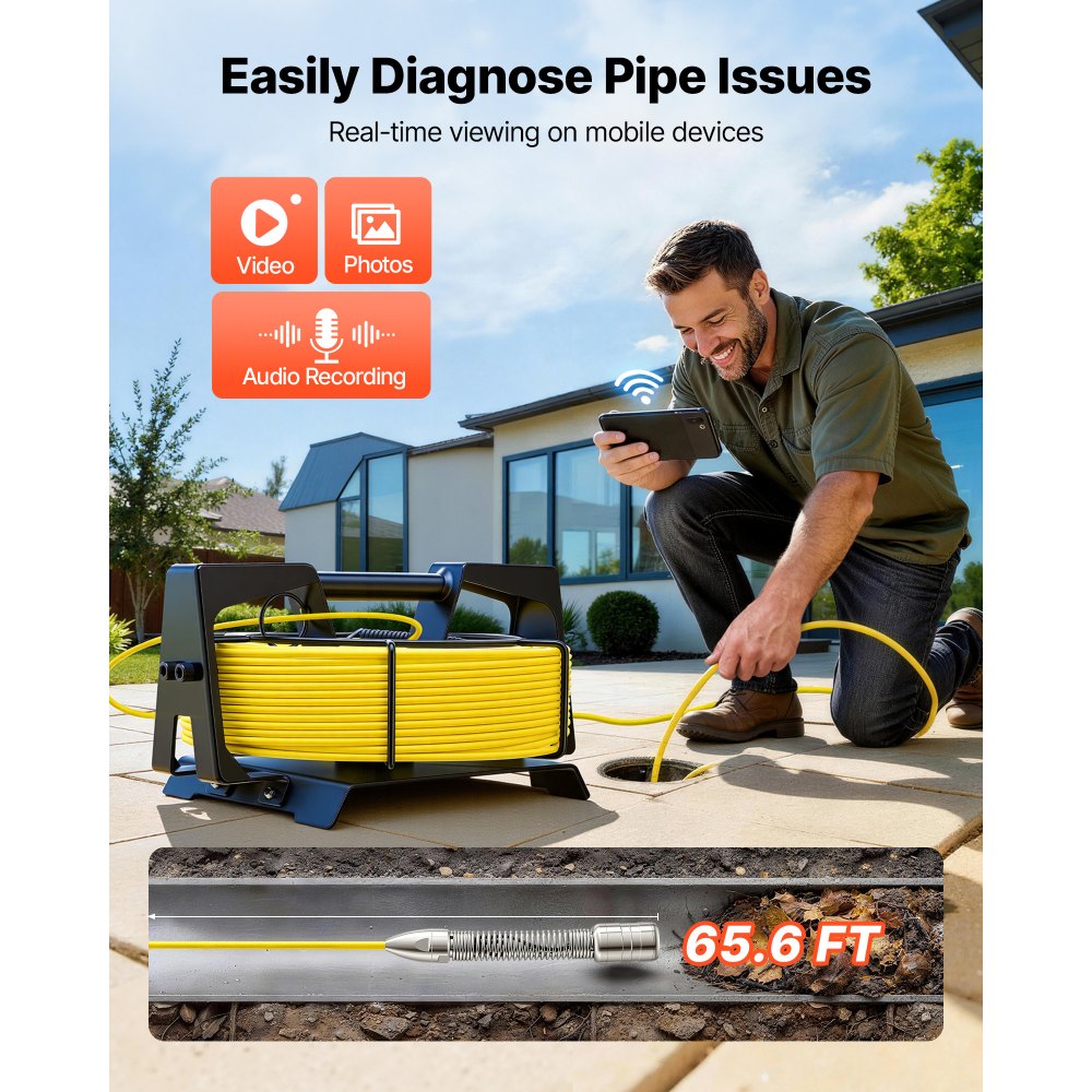 VEVOR 2026 Upgraded Sewer Camera with WiFi, 65.6ft/20m Drain Pipeline Camera, IP68 Snake Plumbing Cameras with Light- 12 LEDS, Wireless WiFi Connectivity to Phone/Tablet for Sewer Duct Pipe Inspection