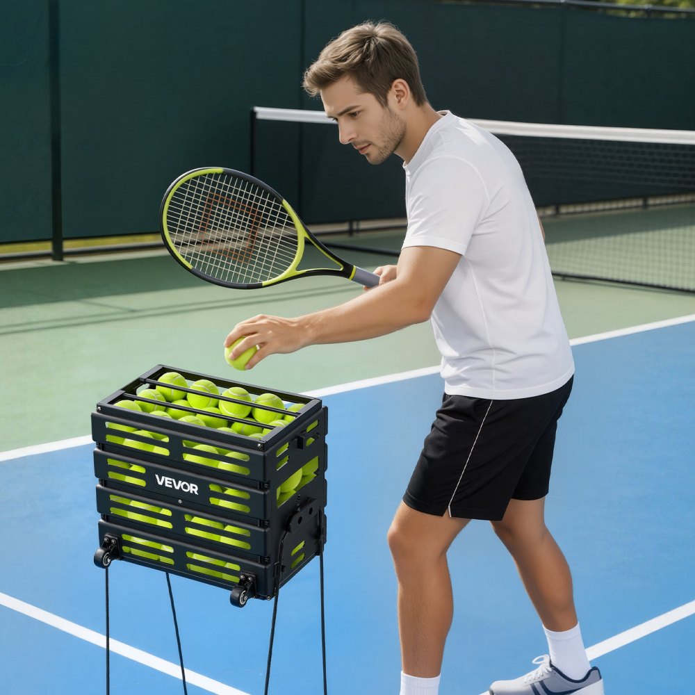 VEVOR Tennis Ball Hopper, Holds 80 Tennis Balls, Pickleball Basket Cart with Wheels for Easy Pick Up, Portable Pickleball Collection Caddy with Heavy-Duty Construction, for Training Carrying Storage