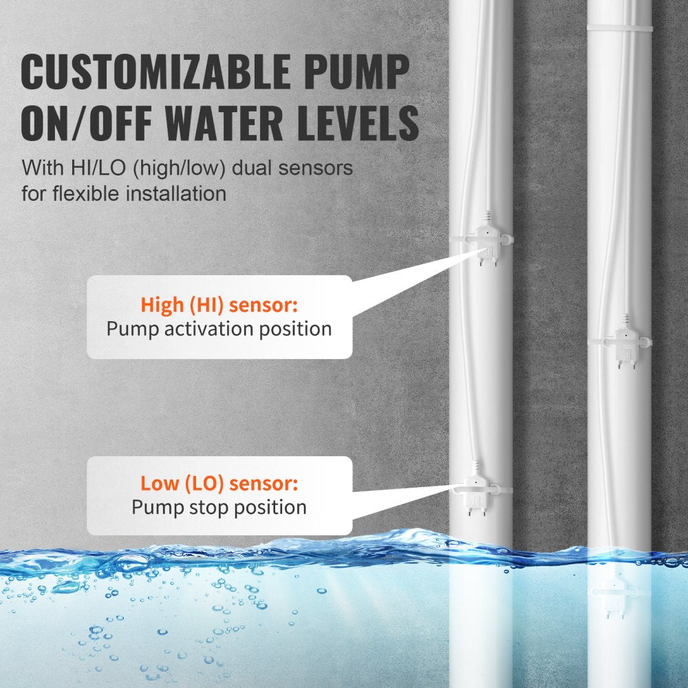 VEVOR Sump Pump Alarm, Indoor/Outdoor High Water Septic Tank Alarm With HI/LO Dual Sensors, 85dB Loud Alarm and 16.4ft Extended Sensor Cable, For Sewage Pits, Submersible, Utility