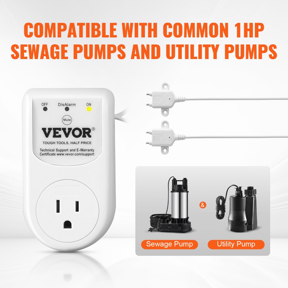 VEVOR Sump Pump Alarm, Indoor/Outdoor High Water Septic Tank Alarm With HI/LO Dual Sensors, 85dB Loud Alarm and 16.4ft Extended Sensor Cable, For Sewage Pits, Submersible, Utility