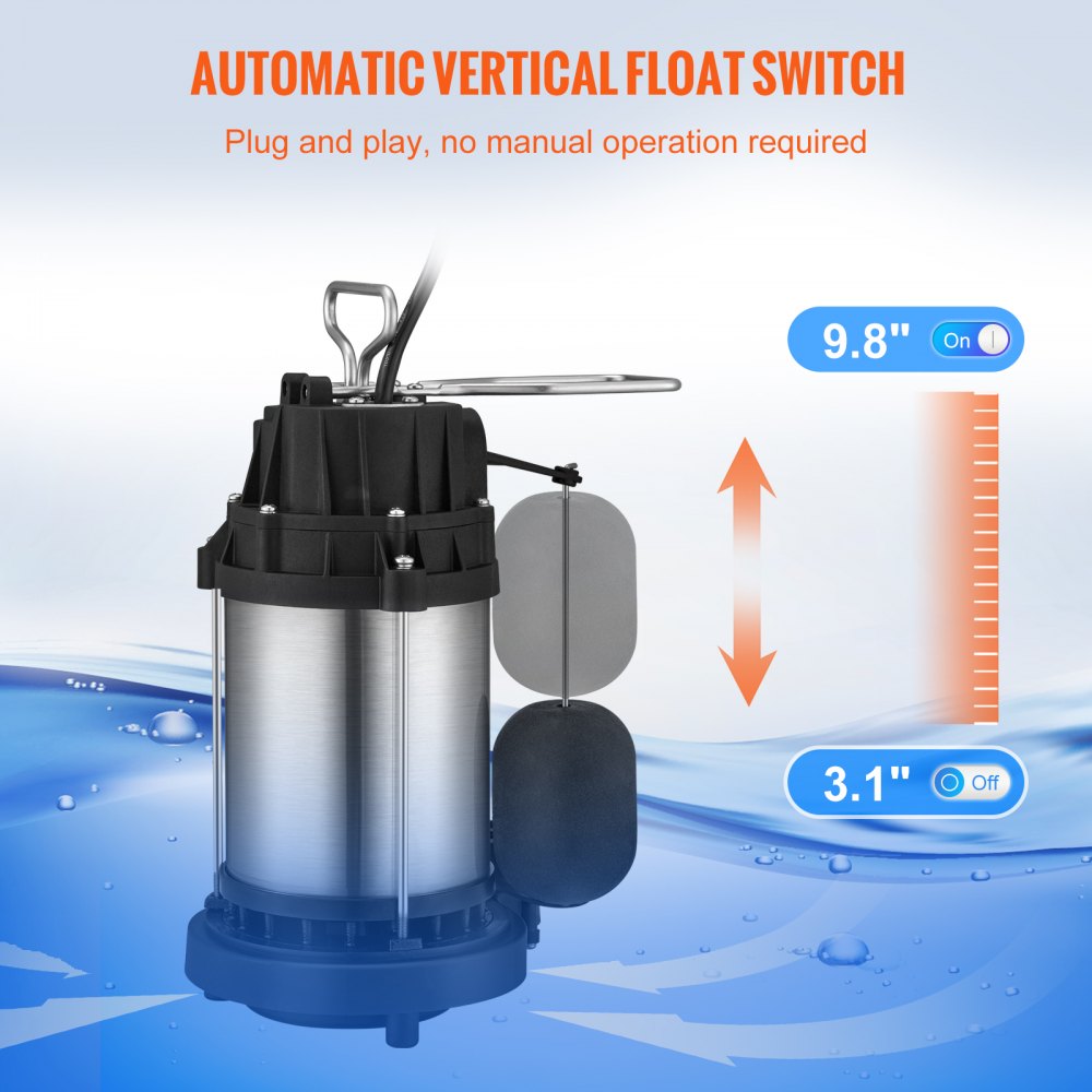 VEVOR Sump Pump, 1/2 HP 3960 GPH, Submersible Stainless Steel Water Pump, 1-1/2" NPT Discharge With 33 ft Cord, Automatic Float Switch with Piggy-back Plug, for Indoor Basement Water Basin