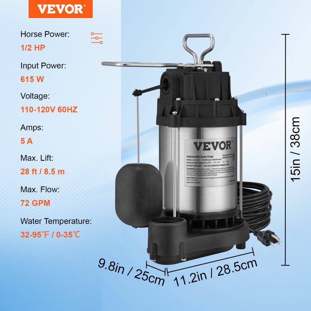 VEVOR Sump Pump, 1/2 HP 3960 GPH, Submersible Stainless Steel Water Pump, 1-1/2" NPT Discharge With 33 ft Cord, Automatic Float Switch with Piggy-back Plug, for Indoor Basement Water Basin