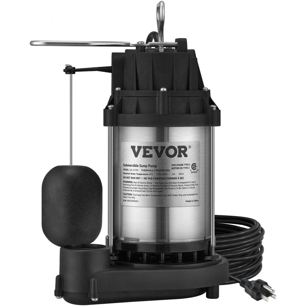 VEVOR Sump Pump, 1/2 HP 3960 GPH, Submersible Stainless Steel Water Pump, 1-1/2" NPT Discharge With 33 ft Cord, Automatic Float Switch with Piggy-back Plug, for Indoor Basement Water Basin