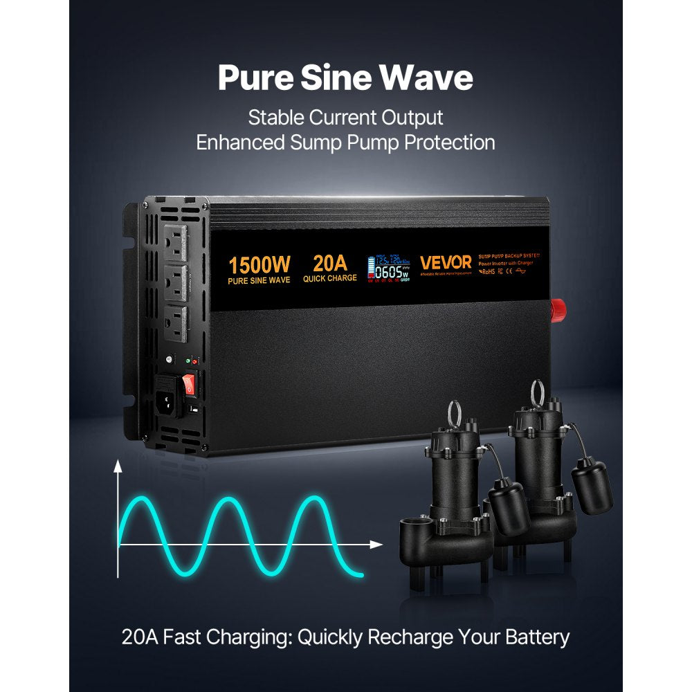 VEVOR Sump Pump Battery Backup System, 1500W, Auto Switches to Battery Inverter for Continuous Sump Pump Operation, Pure Sine Wave, LCD Display, for Basement Protection Emergency and Power Outage