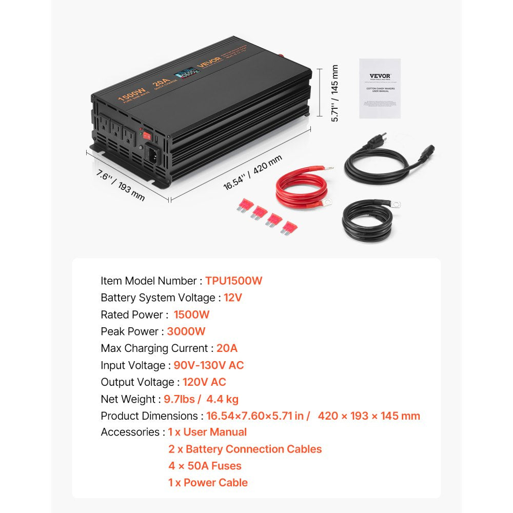 VEVOR Sump Pump Battery Backup System, 1500W, Auto Switches to Battery Inverter for Continuous Sump Pump Operation, Pure Sine Wave, LCD Display, for Basement Protection Emergency and Power Outage