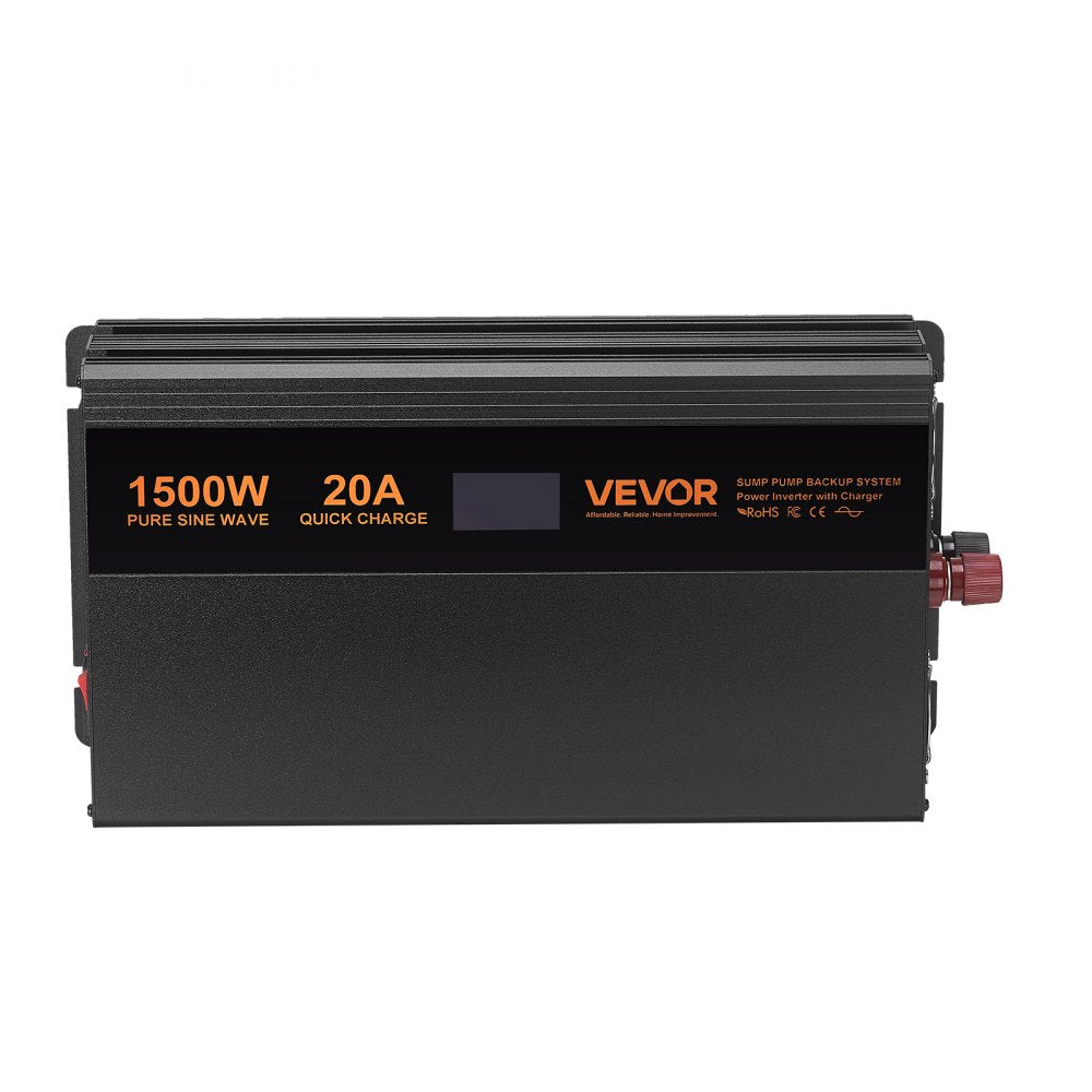 VEVOR Sump Pump Battery Backup System, 1500W, Auto Switches to Battery Inverter for Continuous Sump Pump Operation, Pure Sine Wave, LCD Display, for Basement Protection Emergency and Power Outage