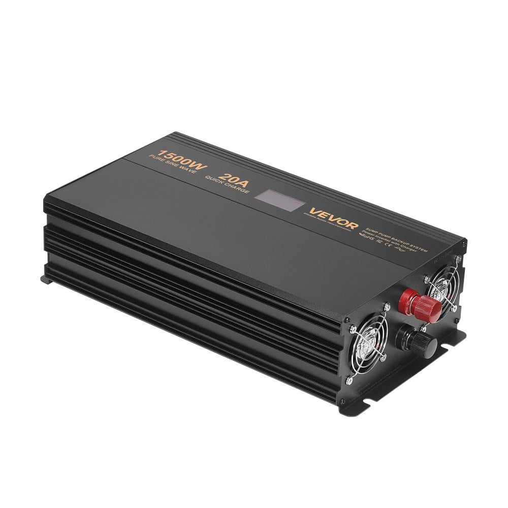 VEVOR Sump Pump Battery Backup System, 1500W, Auto Switches to Battery Inverter for Continuous Sump Pump Operation, Pure Sine Wave, LCD Display, for Basement Protection Emergency and Power Outage